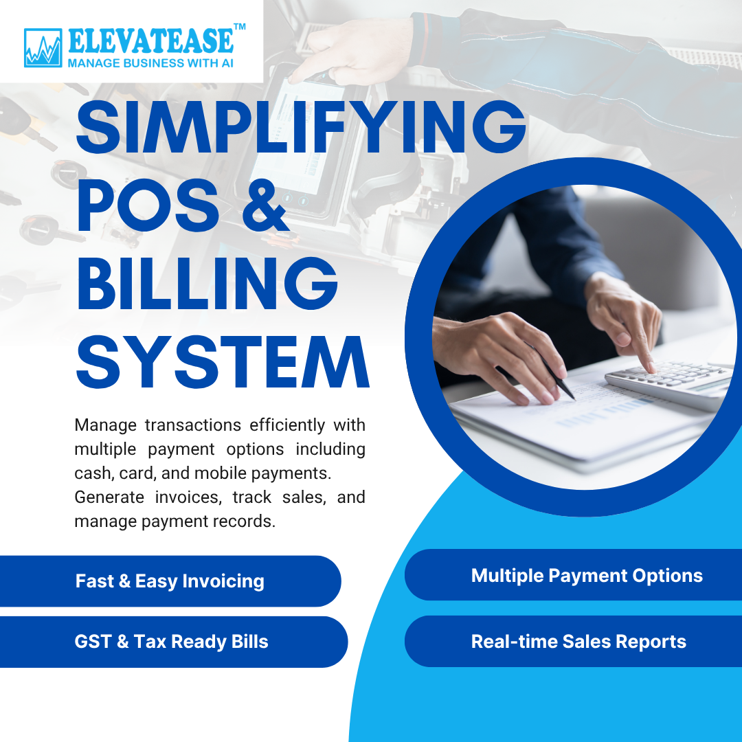 Elevatease CRM offers POS and Billing system with appointment scheduling, staff management, inventory tracking, and financial reporting. Simplify transactions, reduce errors, and grow your business.