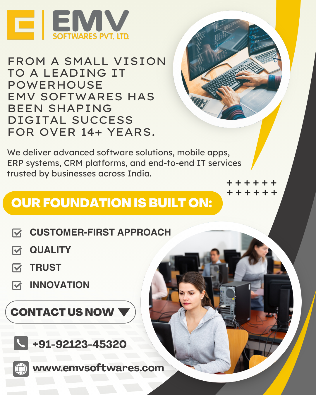 A timeline graphic highlighting key milestones in EMV Softwares Pvt. Ltd.'s history