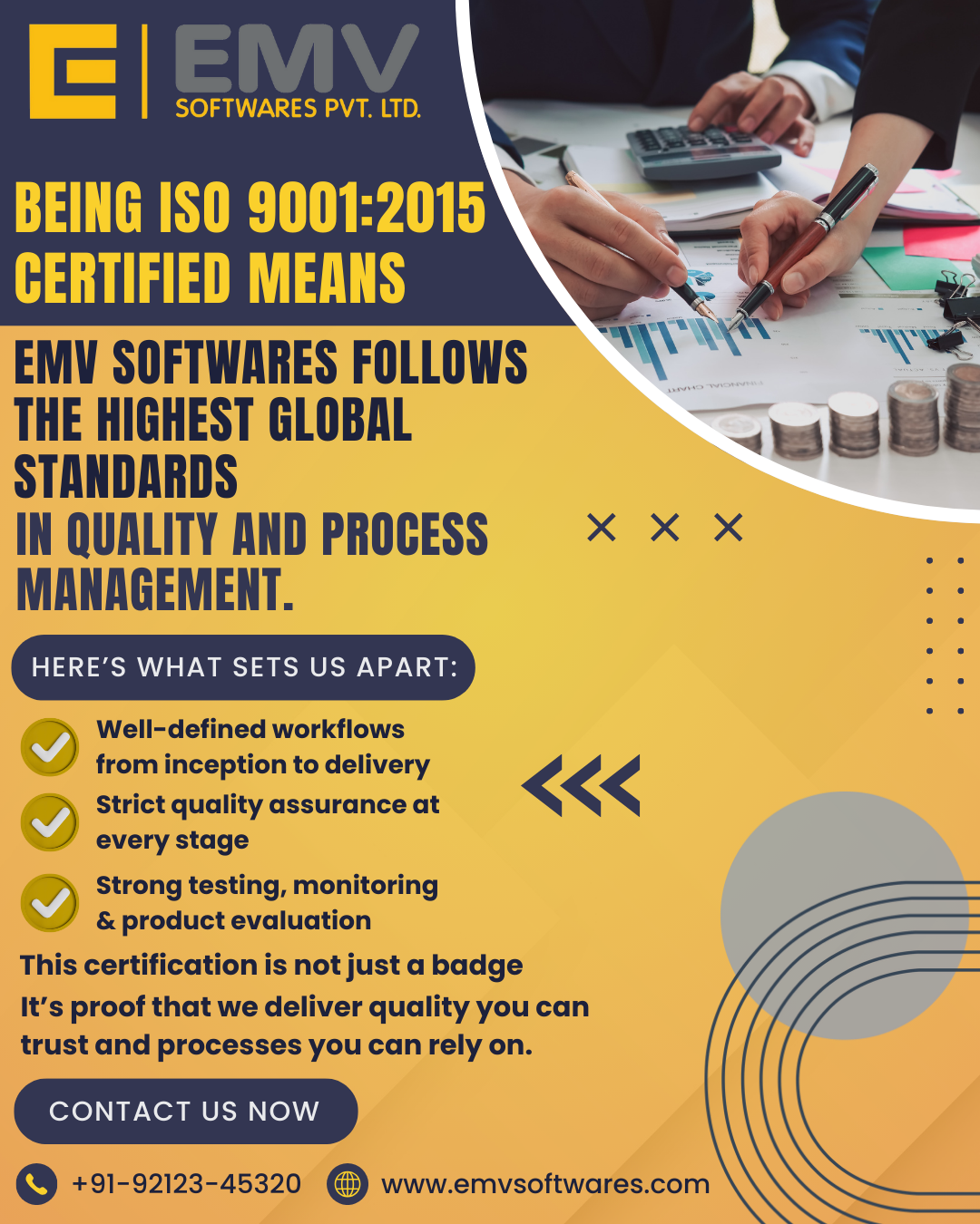 The ISO 9001:2015 certification logo next to a project management checklist symbolising adherence to quality standards.