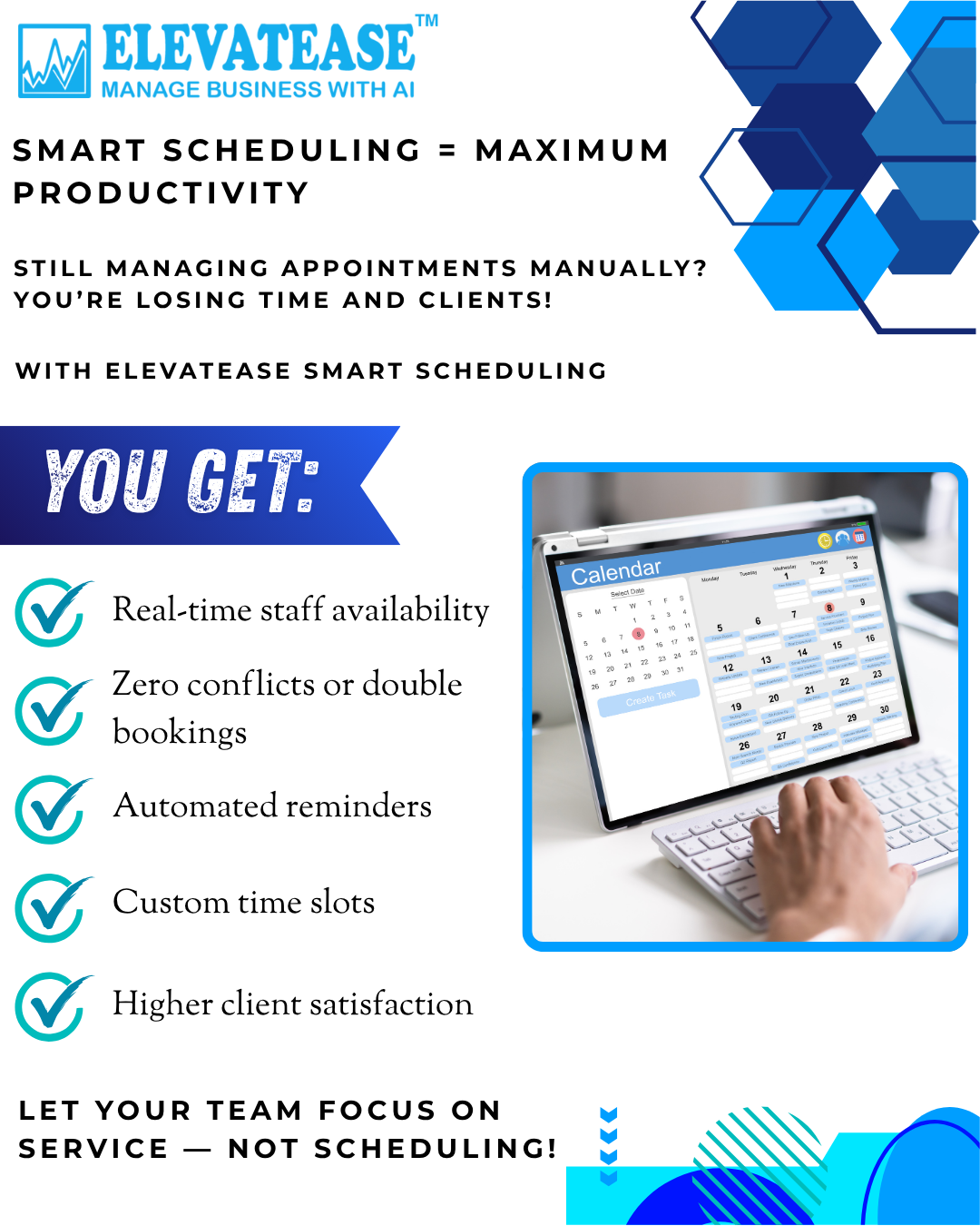 A graphical representation of a smart scheduling dashboard showing optimized staff assignments and client appointment slots over a weekly view.
