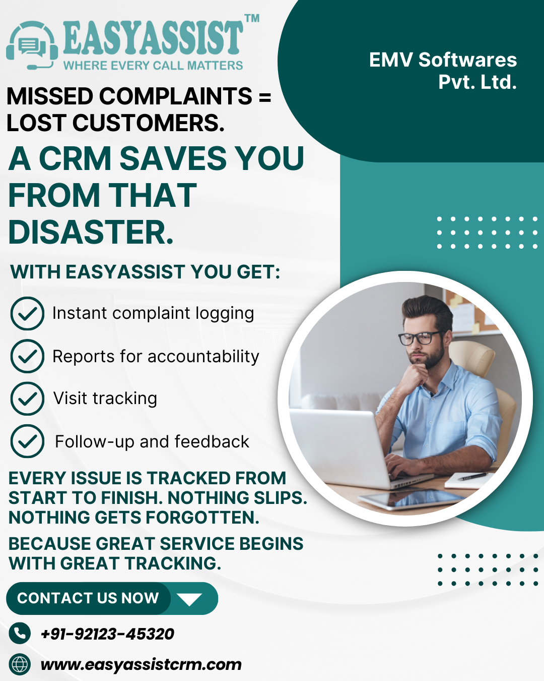 A dashboard screen showing a clean, organized list of support tickets with clear status indicators, emphasizing that no complaint is missed.