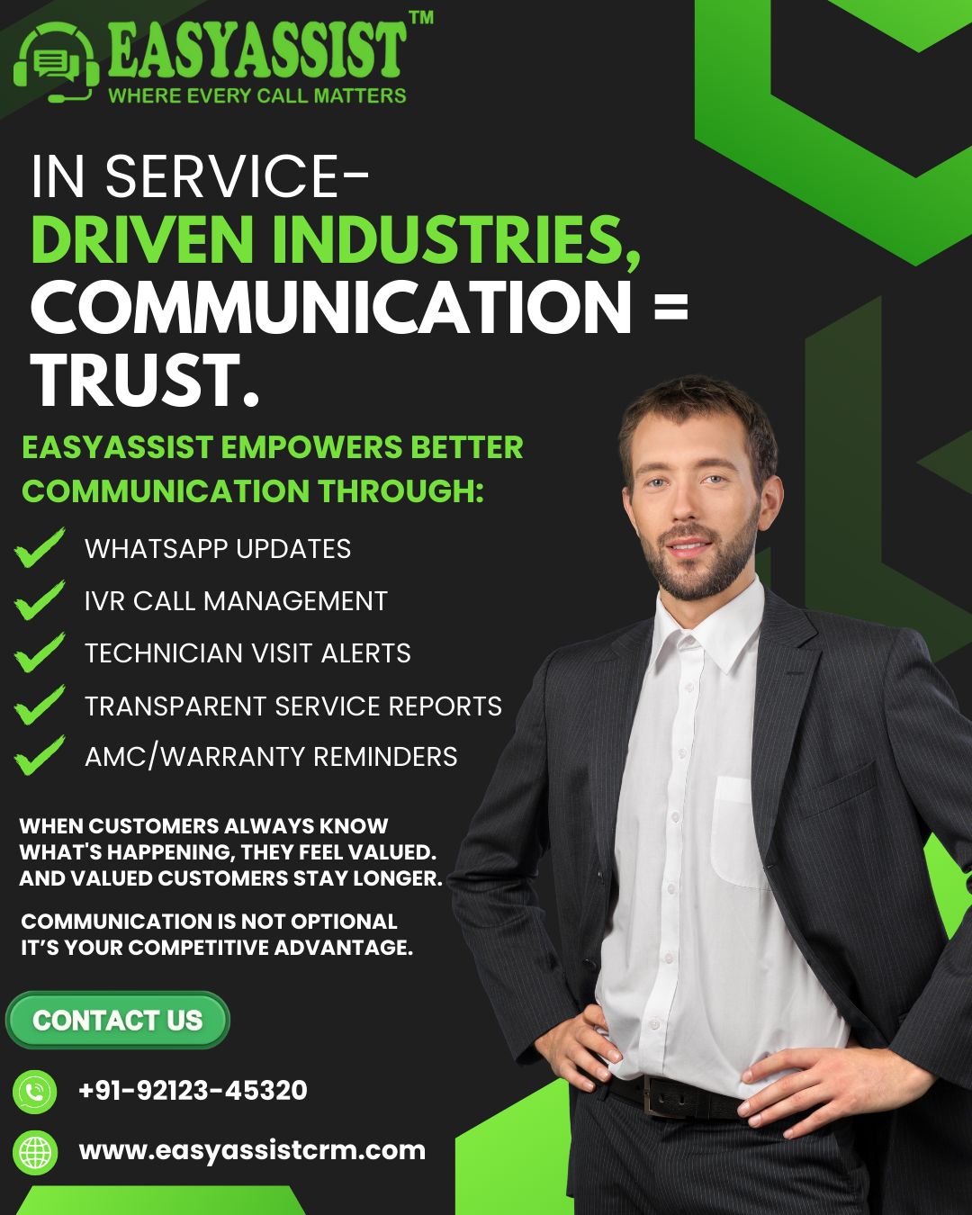 A smartphone screen showing a WhatsApp conversation alongside a traditional phone icon, illustrating the seamless communication capabilities of the CRM.