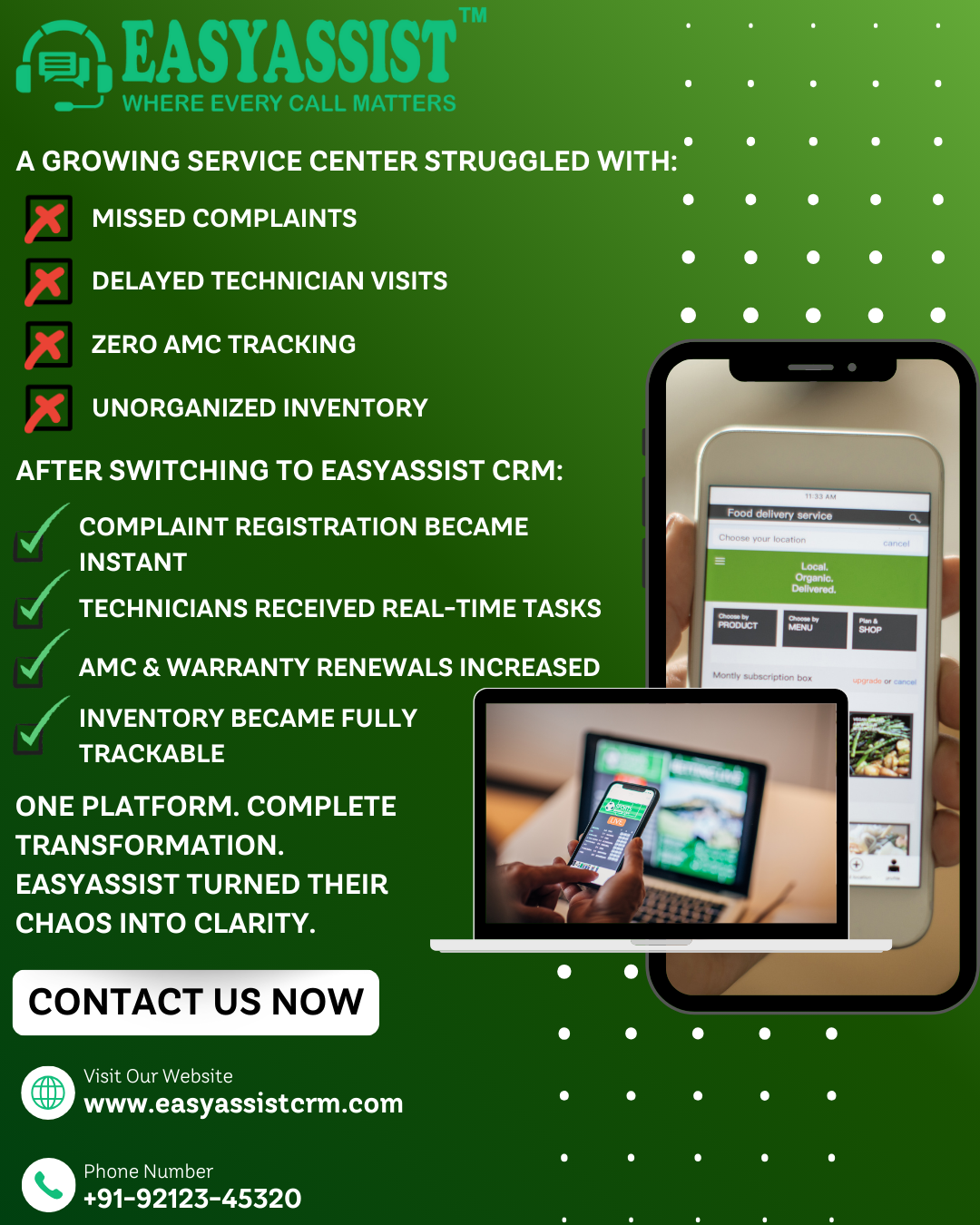 A bar chart showing significant improvement in key service metrics (e.g., ticket resolution time, AMC renewals) after implementing EasyAssist.