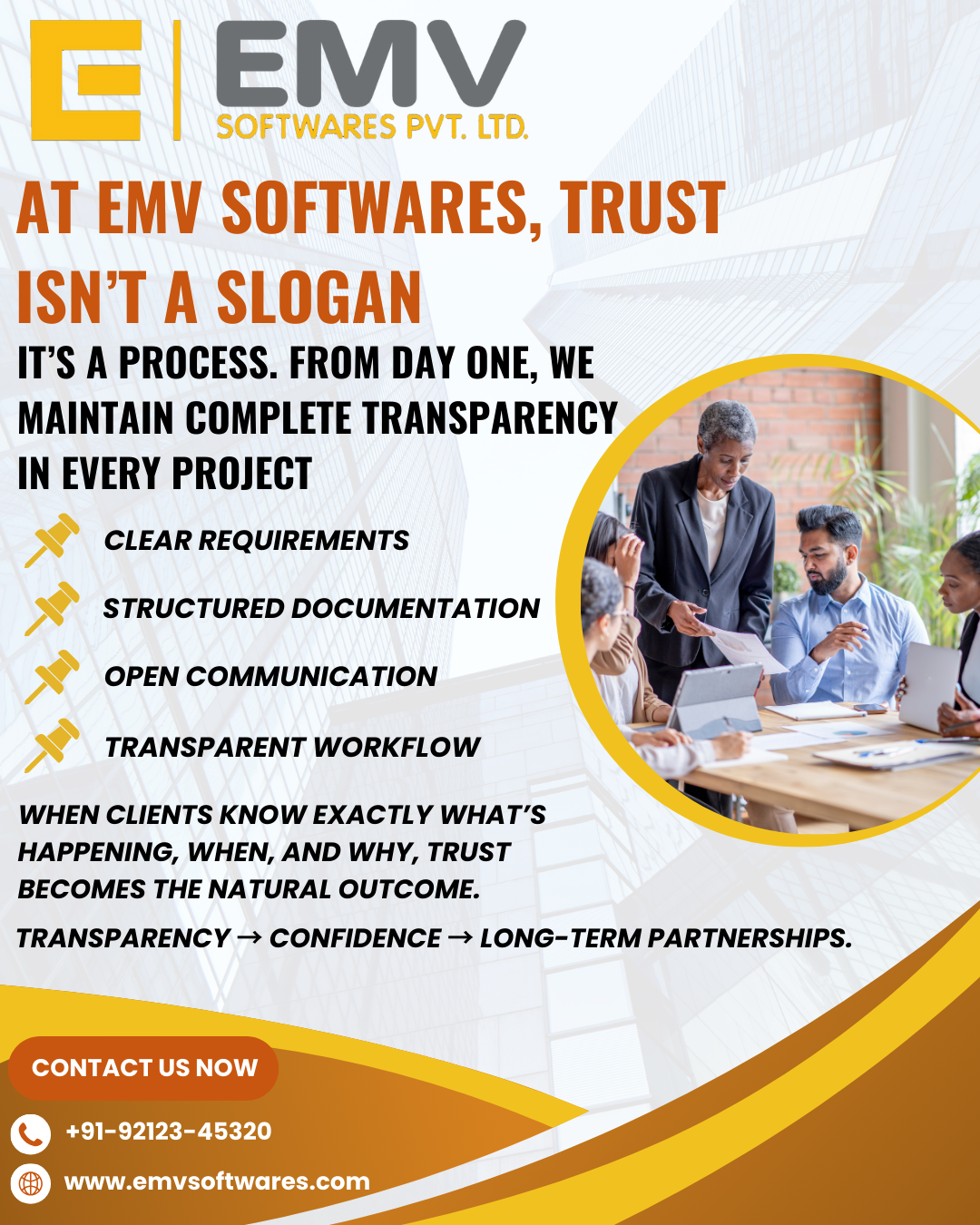 Diagram illustrating the five stages of the EMV Software's project execution model: Inception, Requirements Management, Software Solution Development, Product Integration, and Quality Assurance.