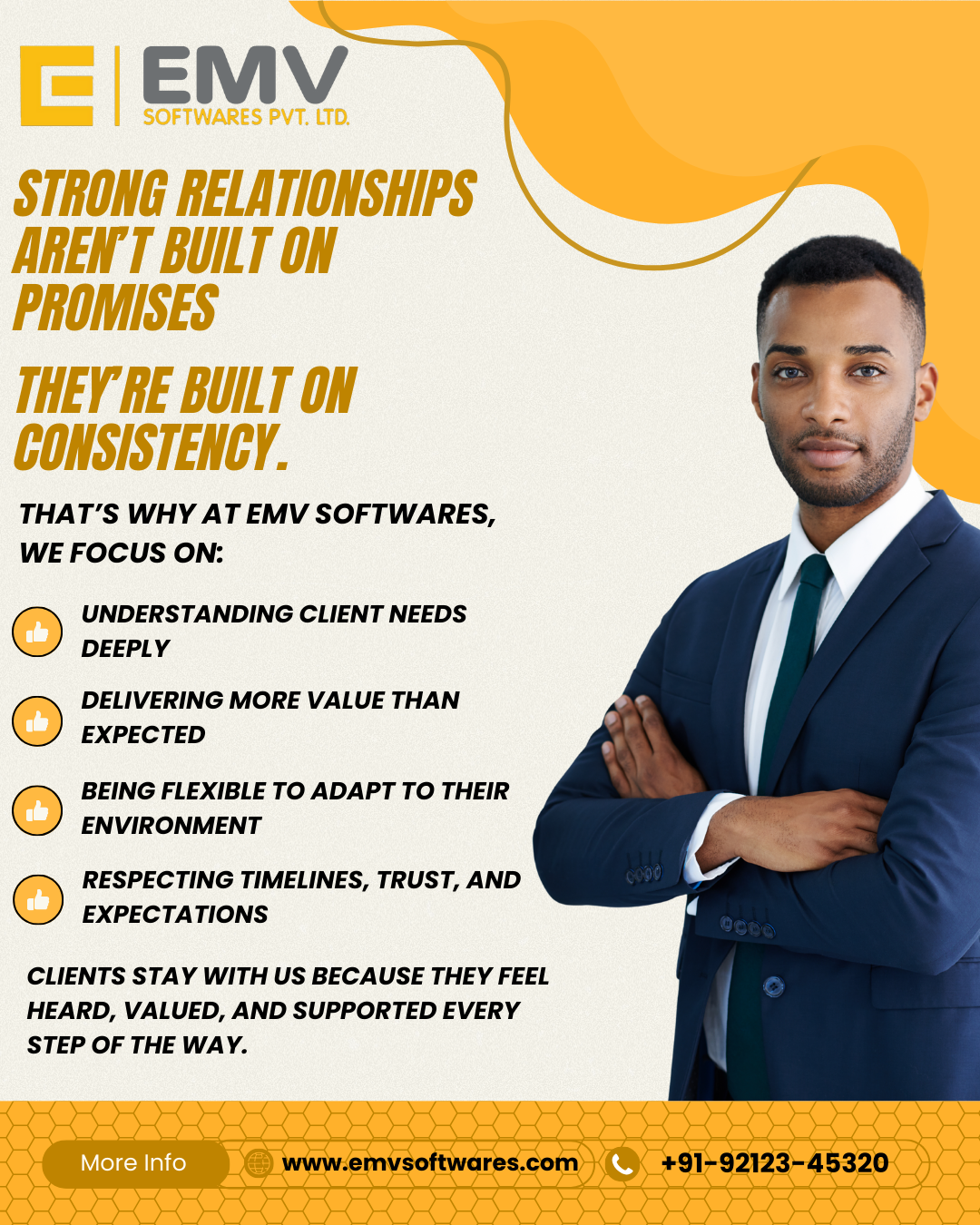 Handshake icon overlayed on a screen showing the CRMX Software interface, symbolising the strong post-sale relationship and technical support offered by EMV Software.