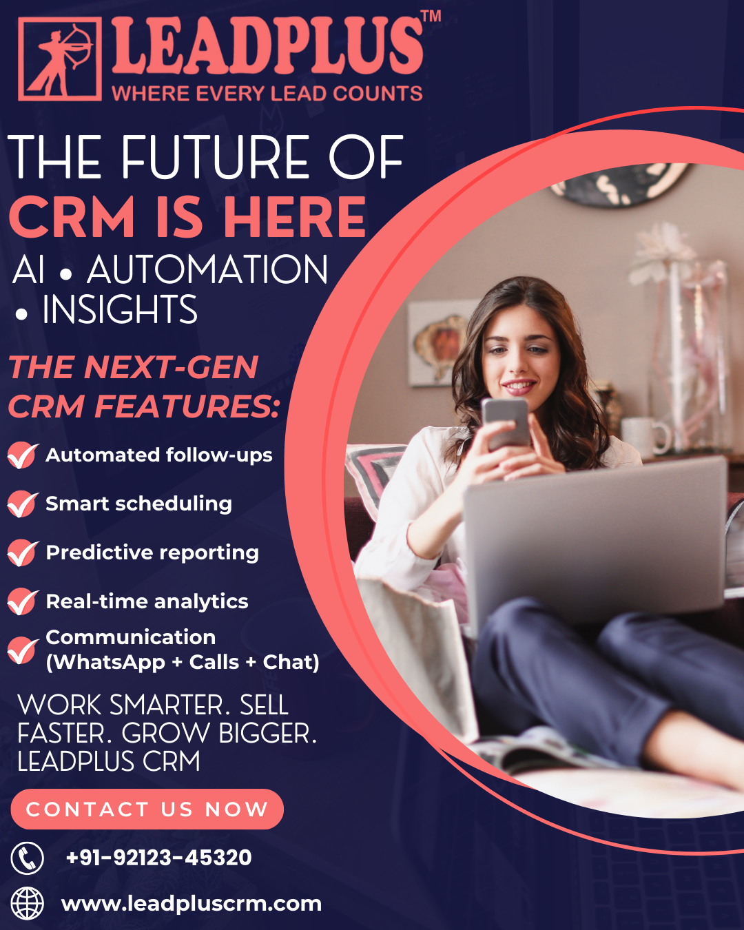 Dashboard graphic showing LeadPlus analytics and comprehensive reports, emphasizing the data and essential insights available for building a successful business.