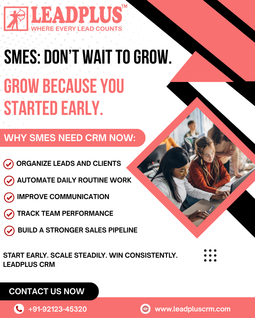 Graphic illustrating a small business sales funnel where LeadPlus tracks, nurtures, and converts leads, demonstrating early pipeline visibility and efficiency.