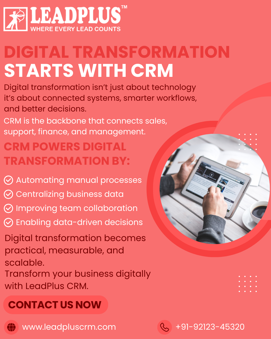 A sleek desktop monitor displaying the LeadPlus CRM dashboard with colorful lead conversion analytics and a smartphone showing mobile accessibility.