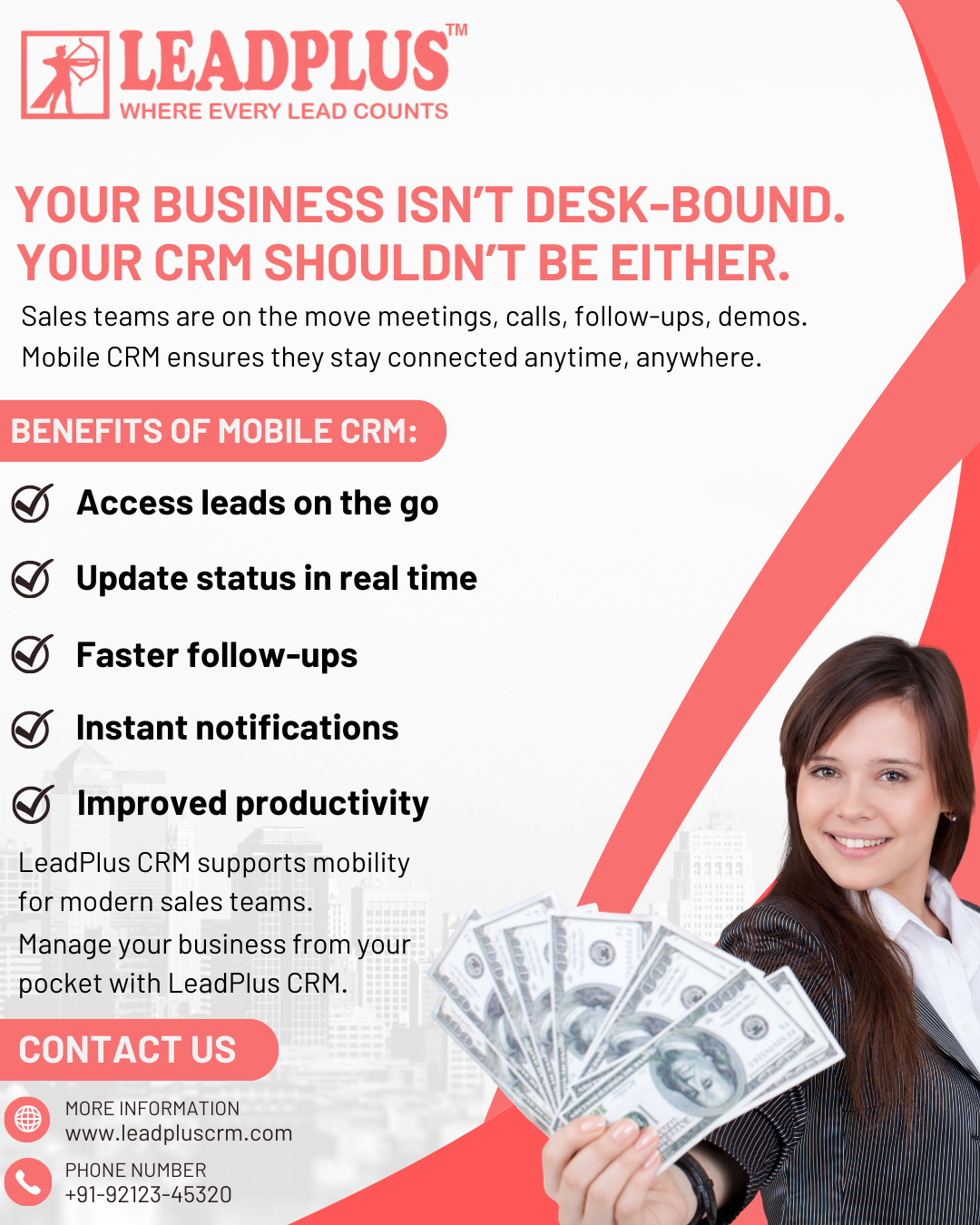 A person holding a smartphone showing the LeadPlus mobile interface, highlighting business management on the move.