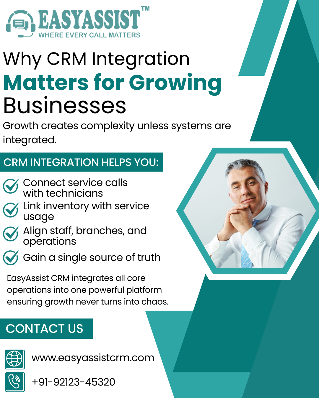 A centralized digital hub connecting various business departments—inventory, field service, sales, and support—into a single, unified EasyAssist dashboard.