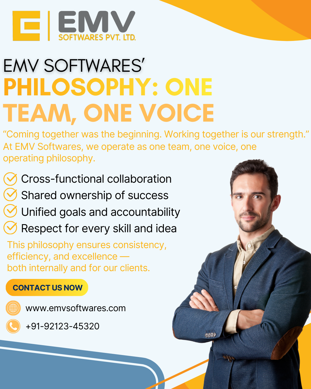 EMV Softwares team collaborating together under the philosophy of “One Team, One Voice.”