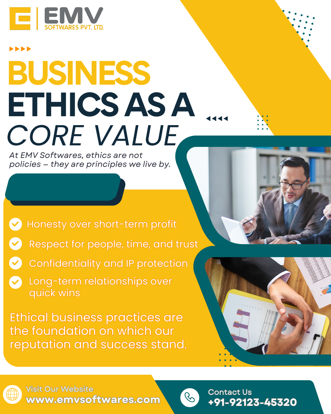 EMV Softwares team demonstrating integrity and trust as core business values in technology development.